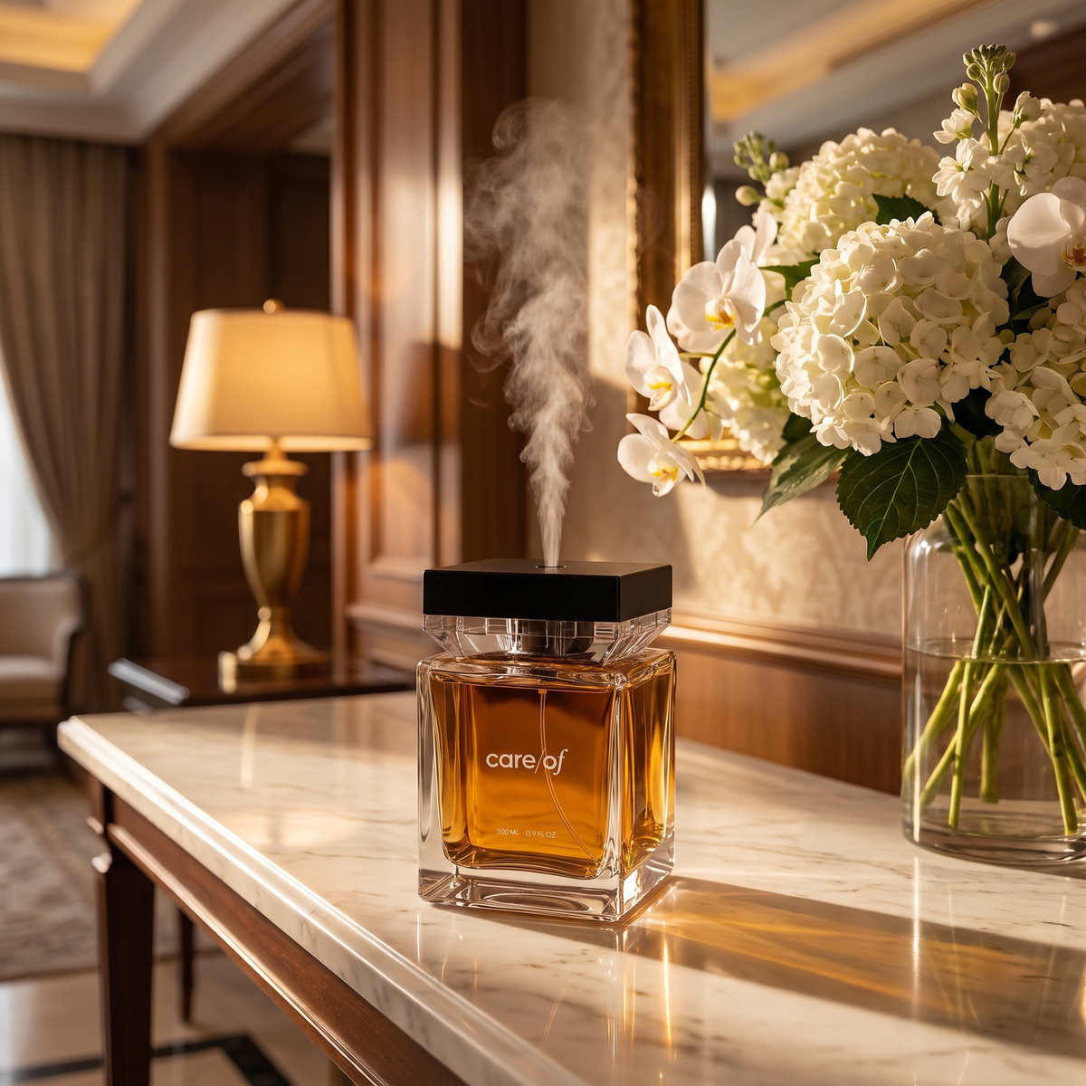 Scent diffuser misting on a marble console